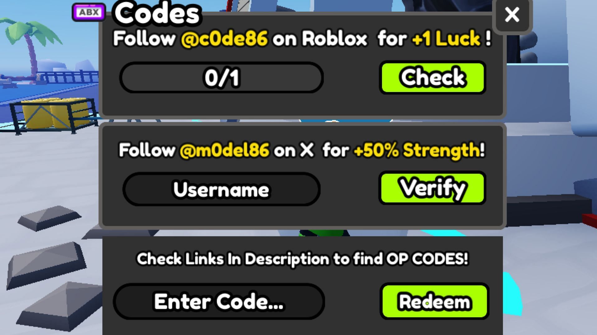 Type codes precisely to collect rewards (Image via Roblox)